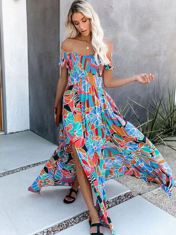 Boho Off Shoulder Colorful Floral Maxi Dress