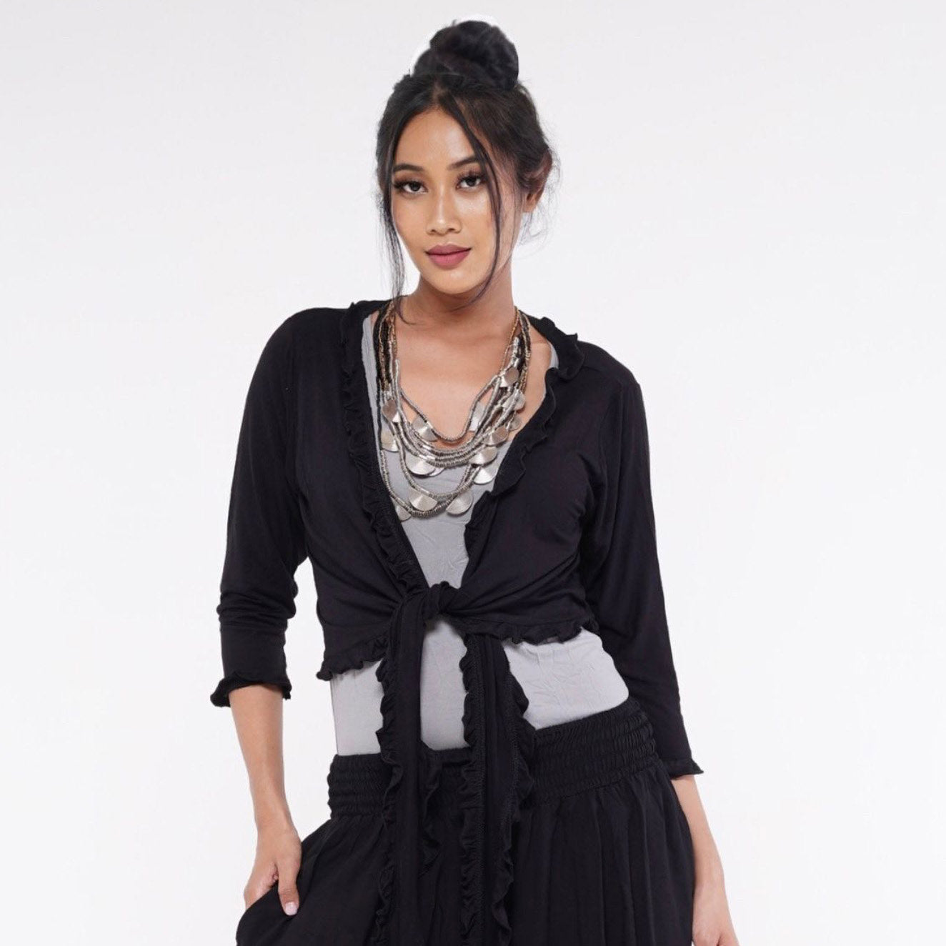 Zainab Tie front Ruffle Jersey Stretch Cardigan