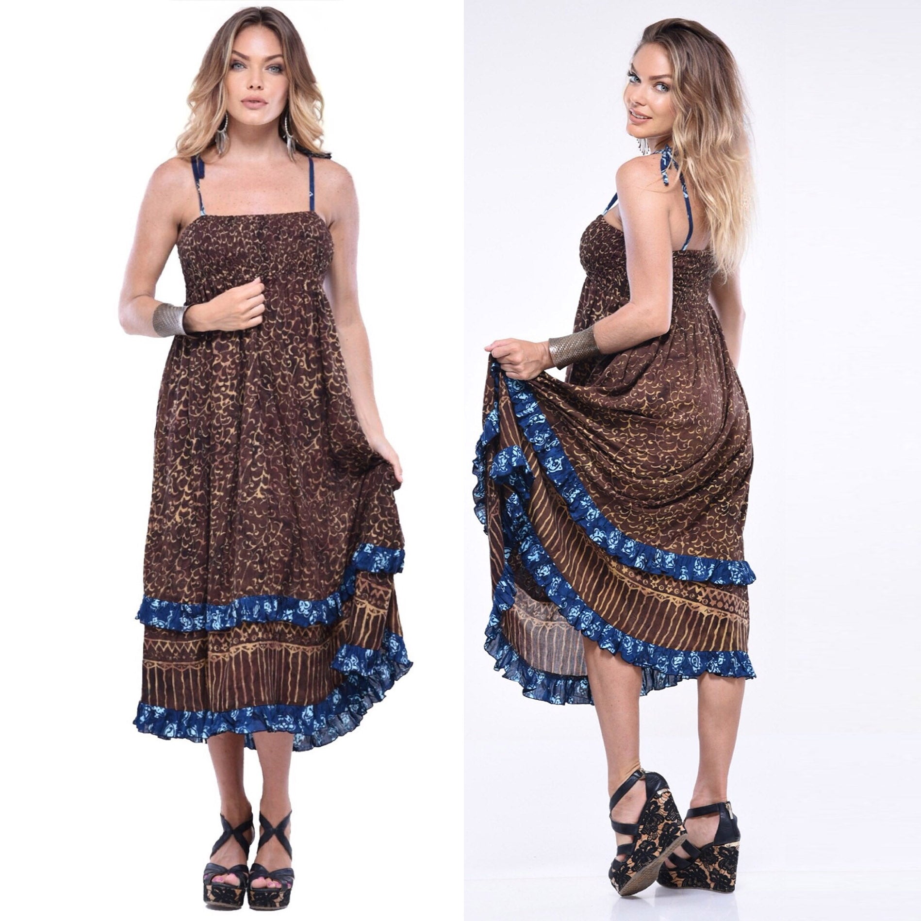Faith Smocked Ruffles Spaghetti Strap Batik 3/4 Length Dress