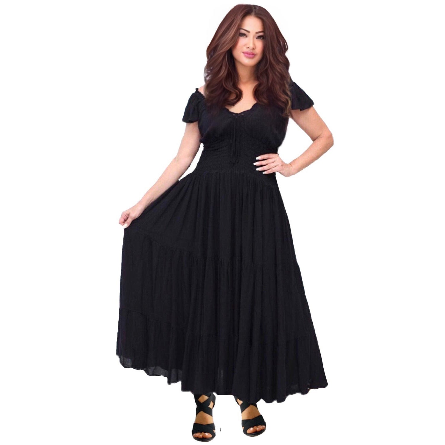 Liliana Rayon Crinkle Smocked Tiers Bohemian Maxi Dress