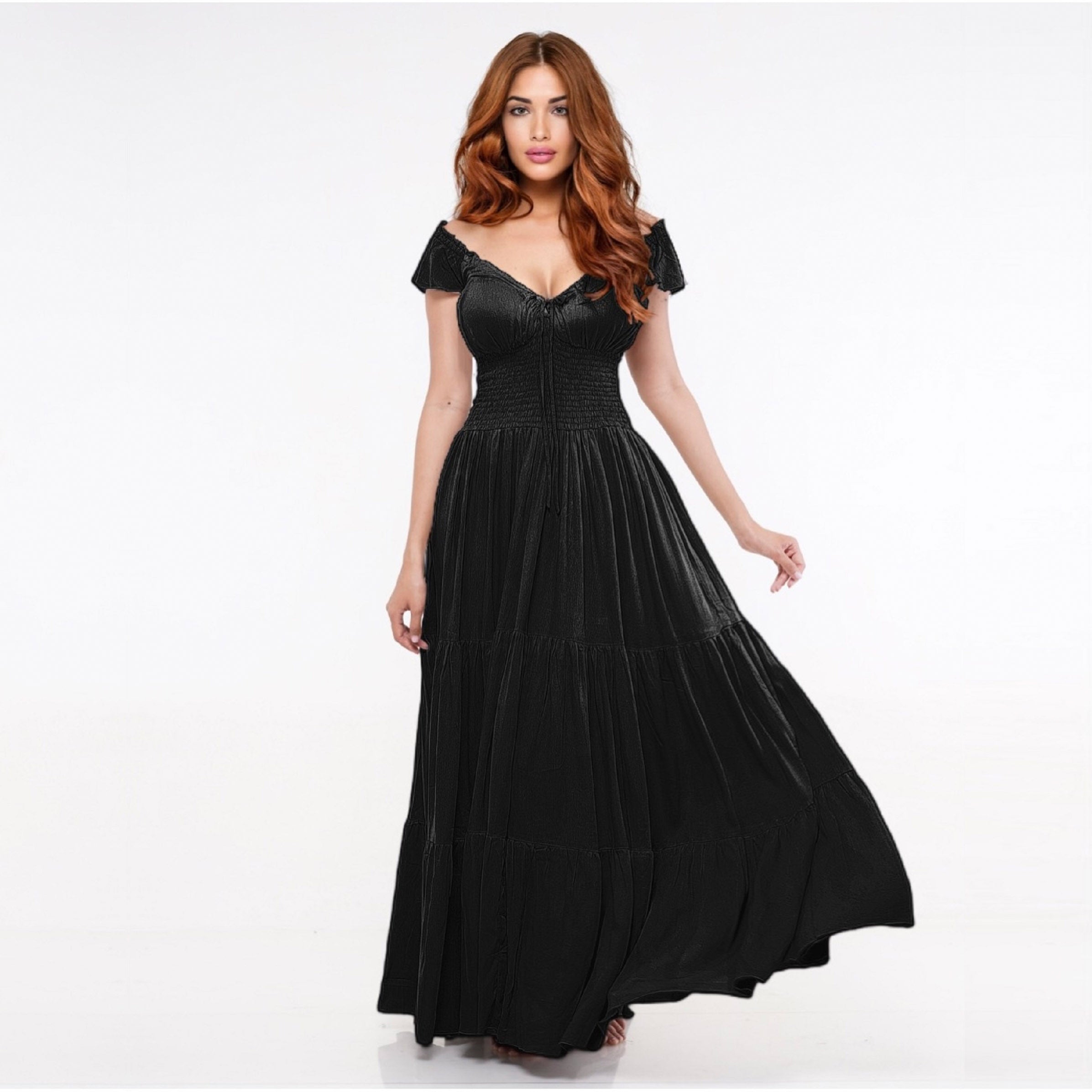 Haylee Smocked Tiers Crinkle Rayon Viking Party Maxi Dress