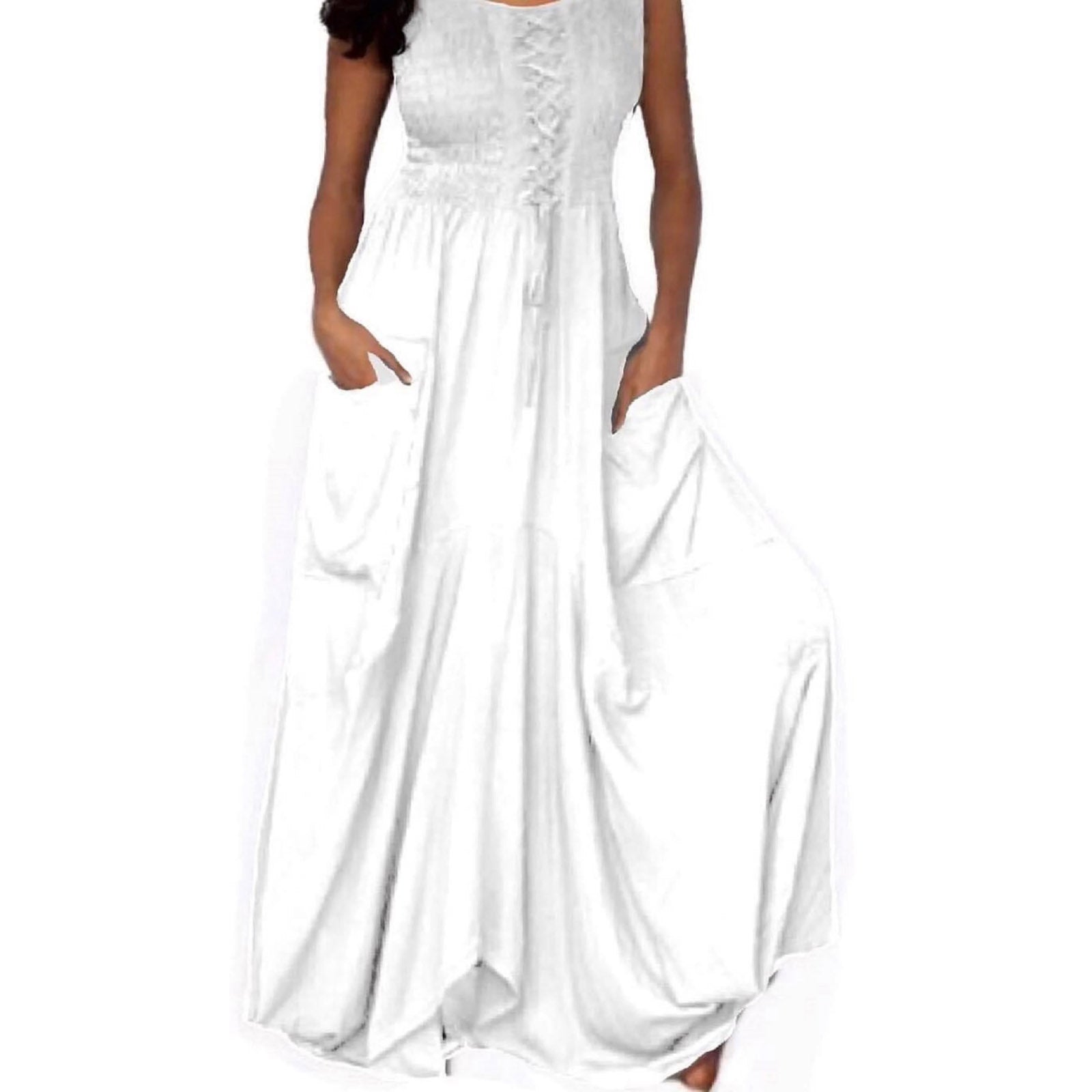 Crystal Smocked Bodice Spaghetti Strap Boho Maxi Dress