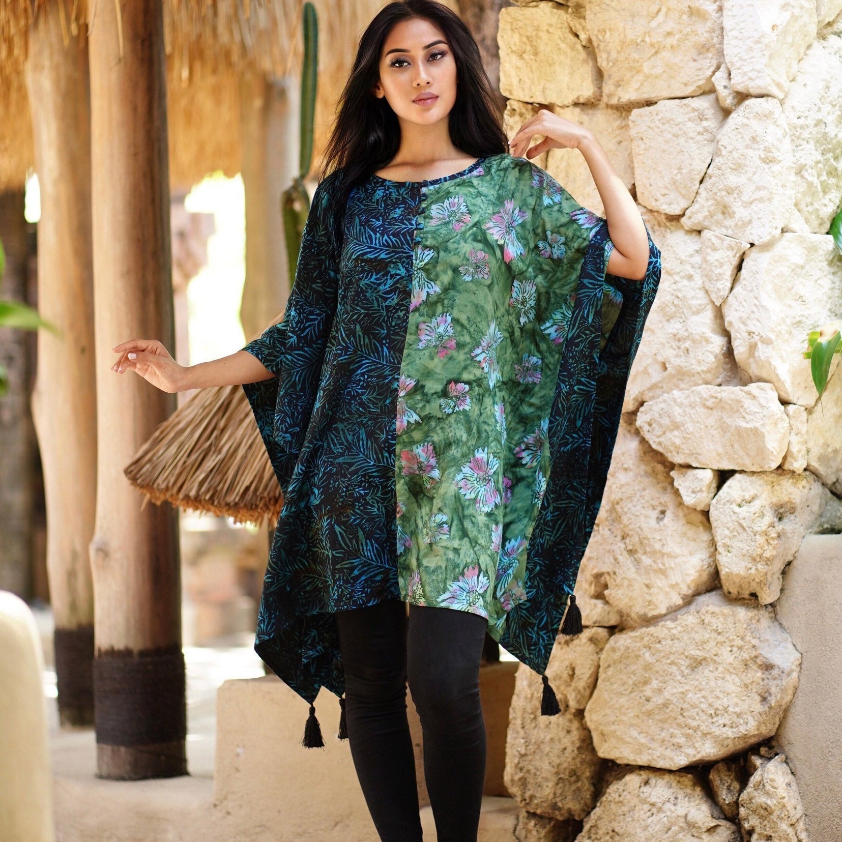 Ayleen Batik Combo Tassels Bohemian Poncho Top