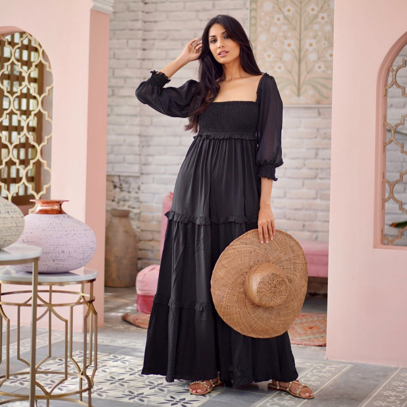 Selena Elasticized Empire Waist Tiered Boho Maxi Dress