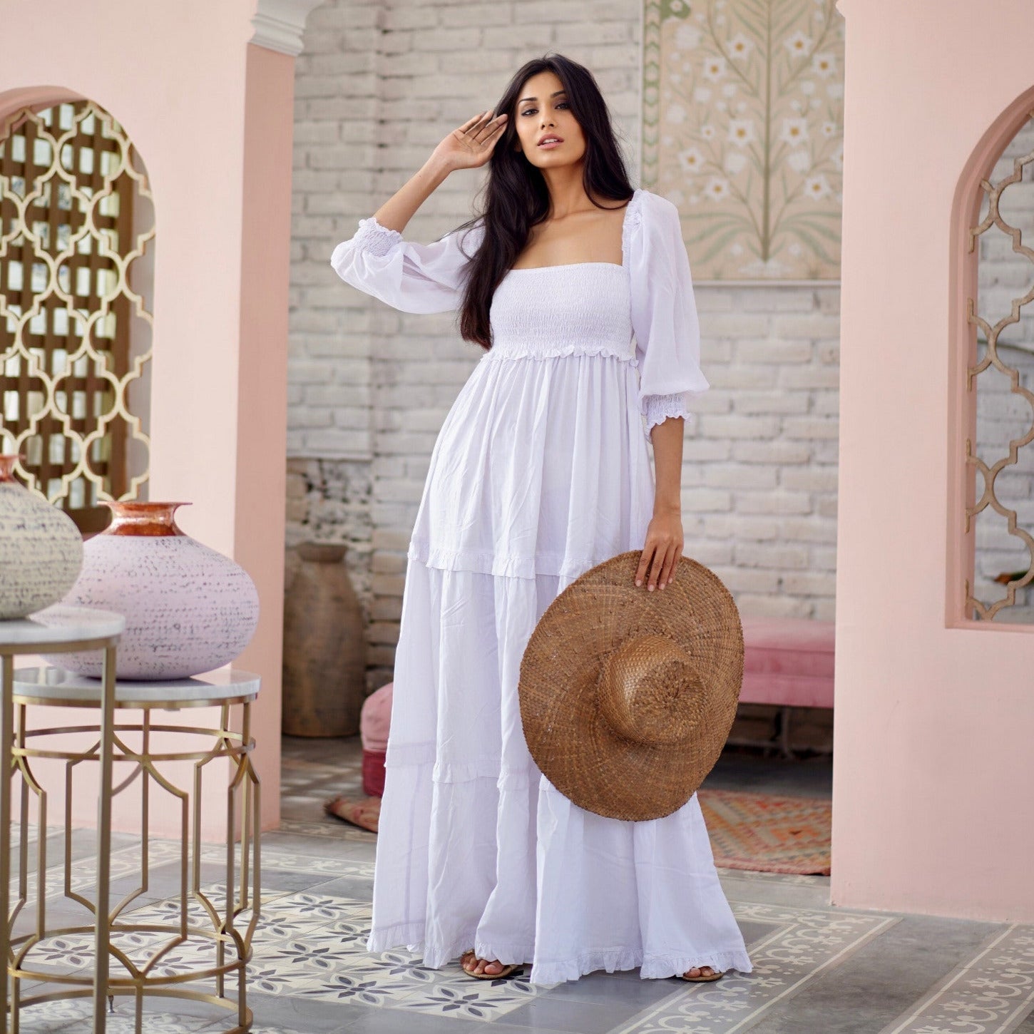Selena Elasticized Empire Waist Tiered Boho Maxi Dress