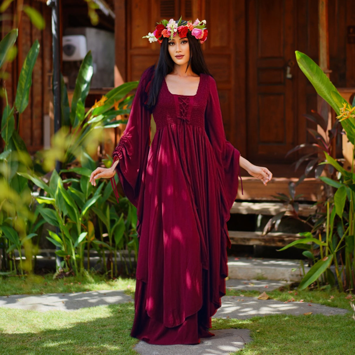 Araceli Renaissance Smocked Bodice Lace Up Maxi Dress