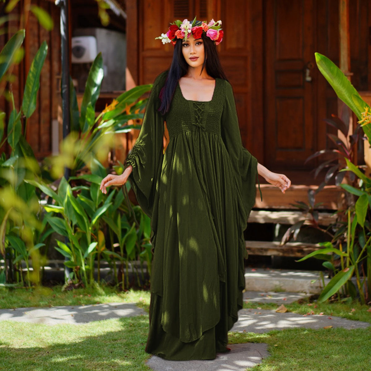 Araceli Renaissance Smocked Bodice Lace Up Maxi Dress