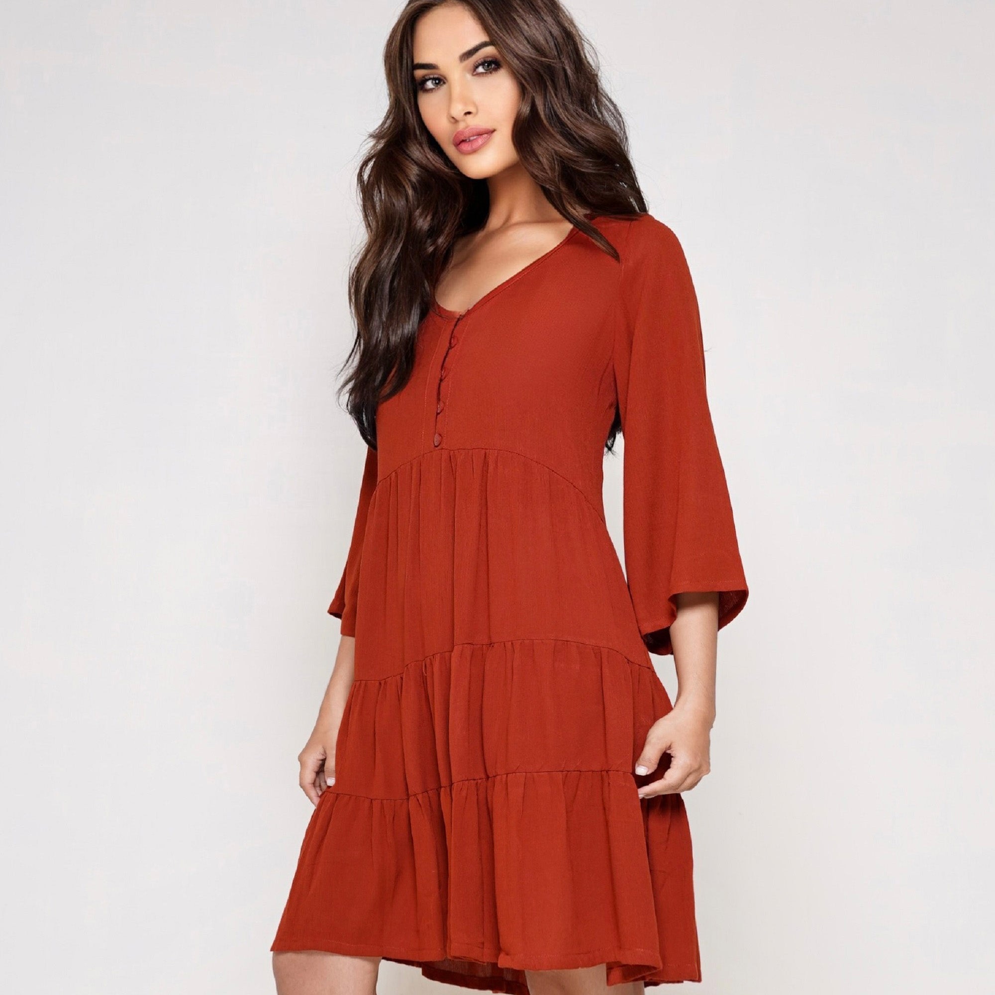 Alondra Bohemian 3/4 Bell Sleeve Baby Doll Short Dress