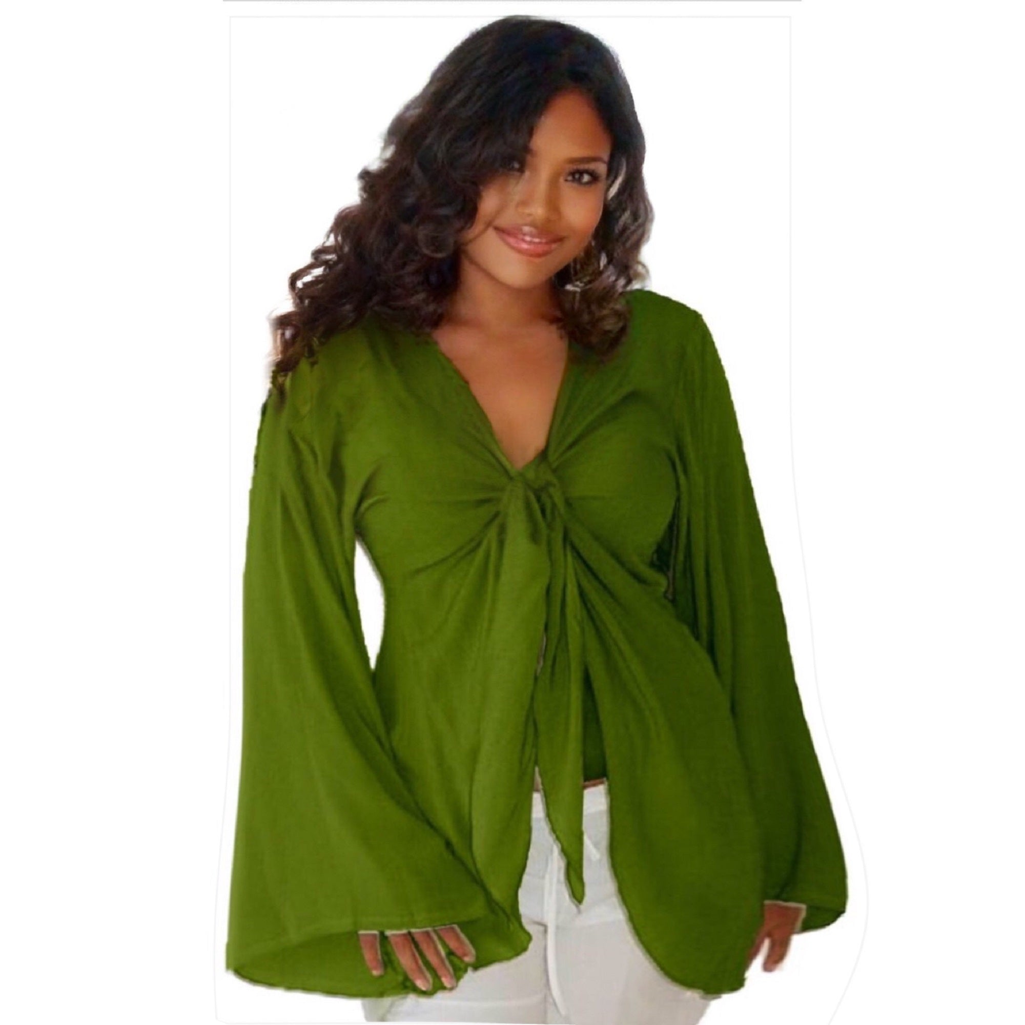 Brylee V Neckline Long Bell Sleeves Sexy Boho Chiffon Blouse