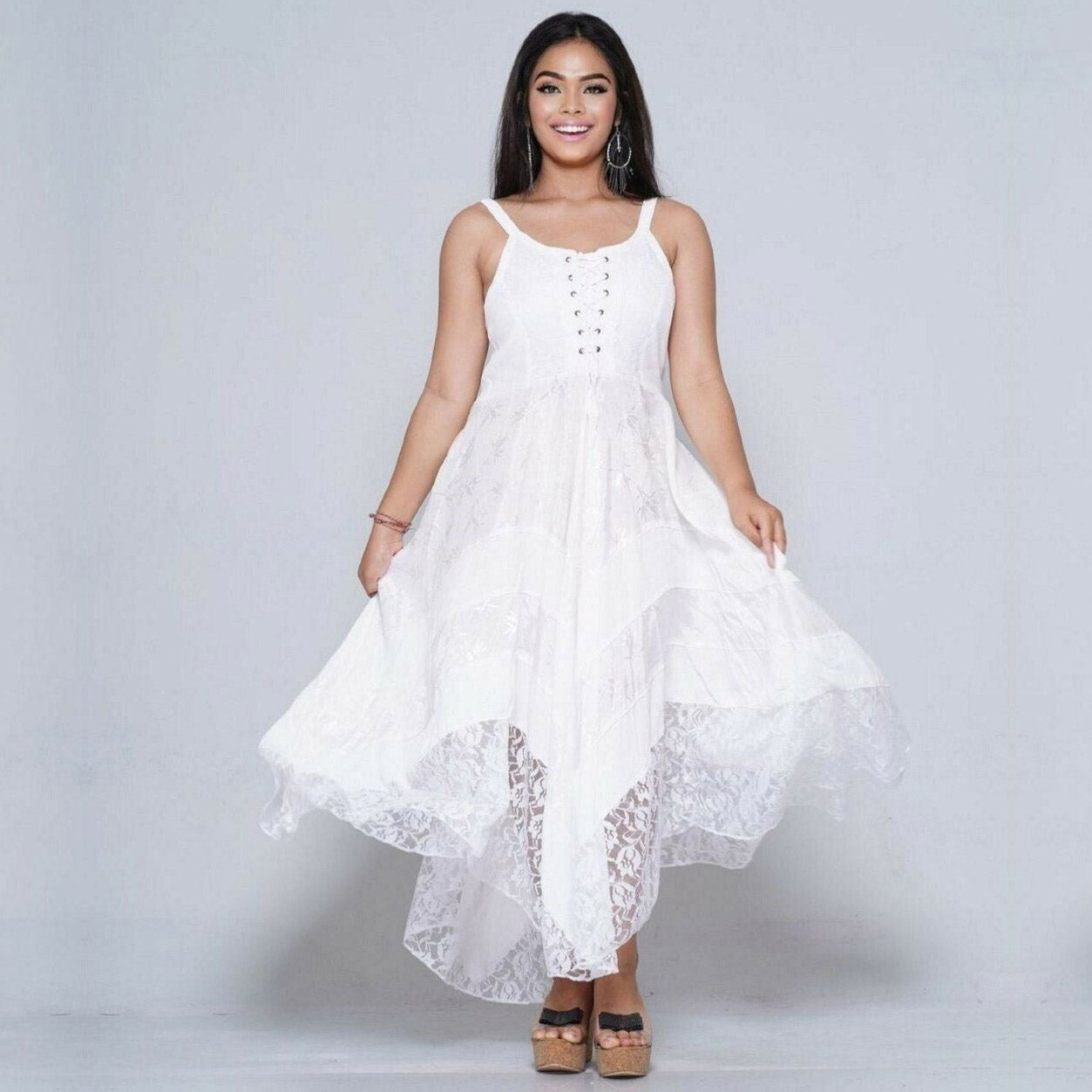 Ximena Victorian Adjustable Lacing Ties Flattering Maxi Dress