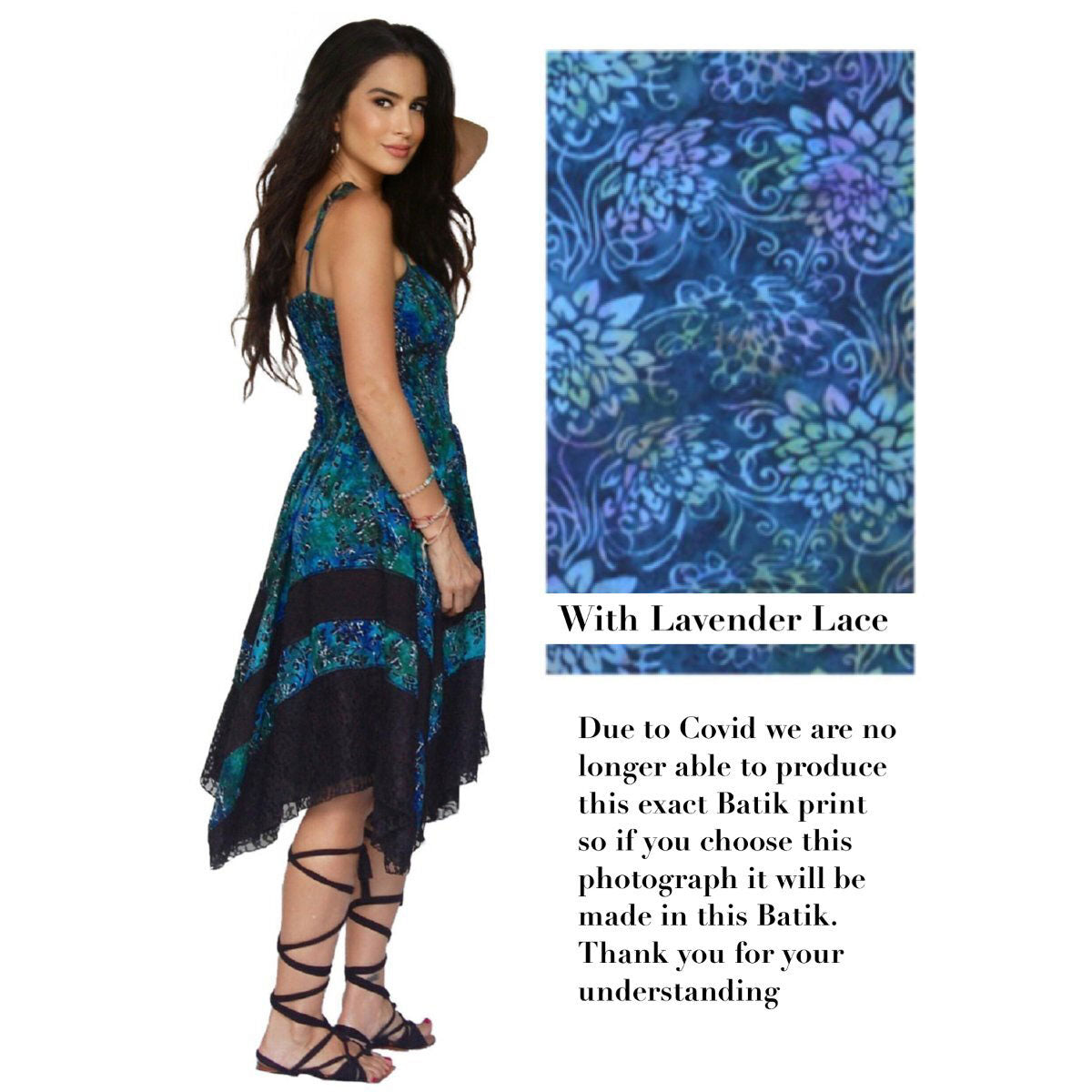 Marsha Boho Short Dress, Batik Combination Lace, Asymmetrical, Smocked, Adjustable Straps