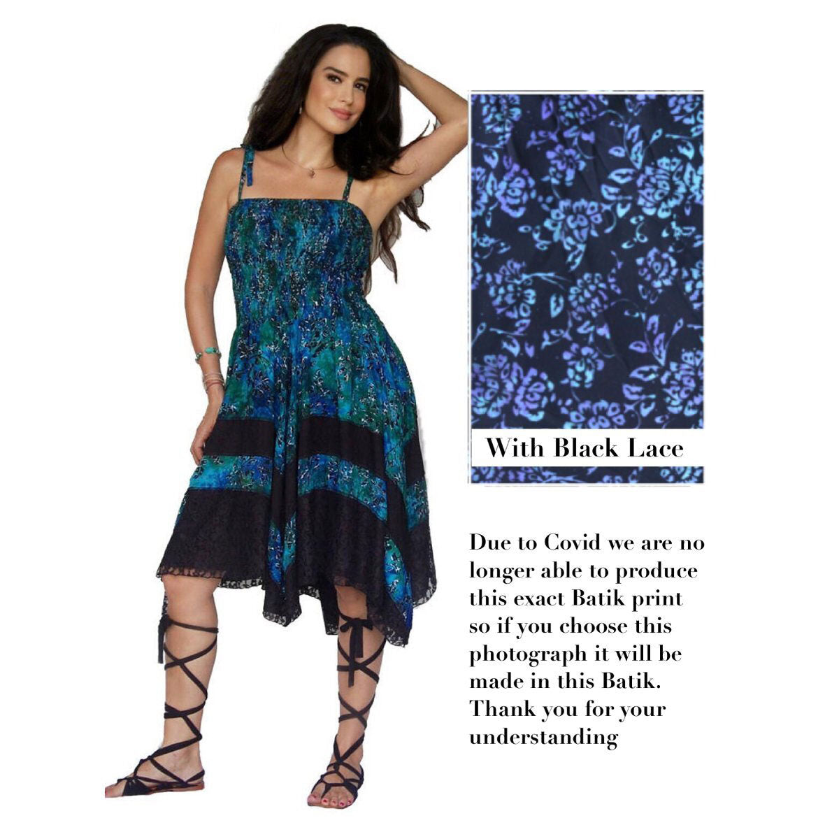 Marsha Boho Short Dress, Batik Combination Lace, Asymmetrical, Smocked, Adjustable Straps