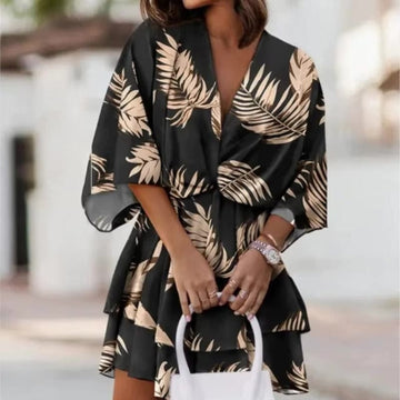 Black Floral Mini Dress with Leaf Print