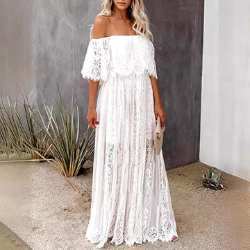 White Boho Off Shoulder Lace Maxi Dress