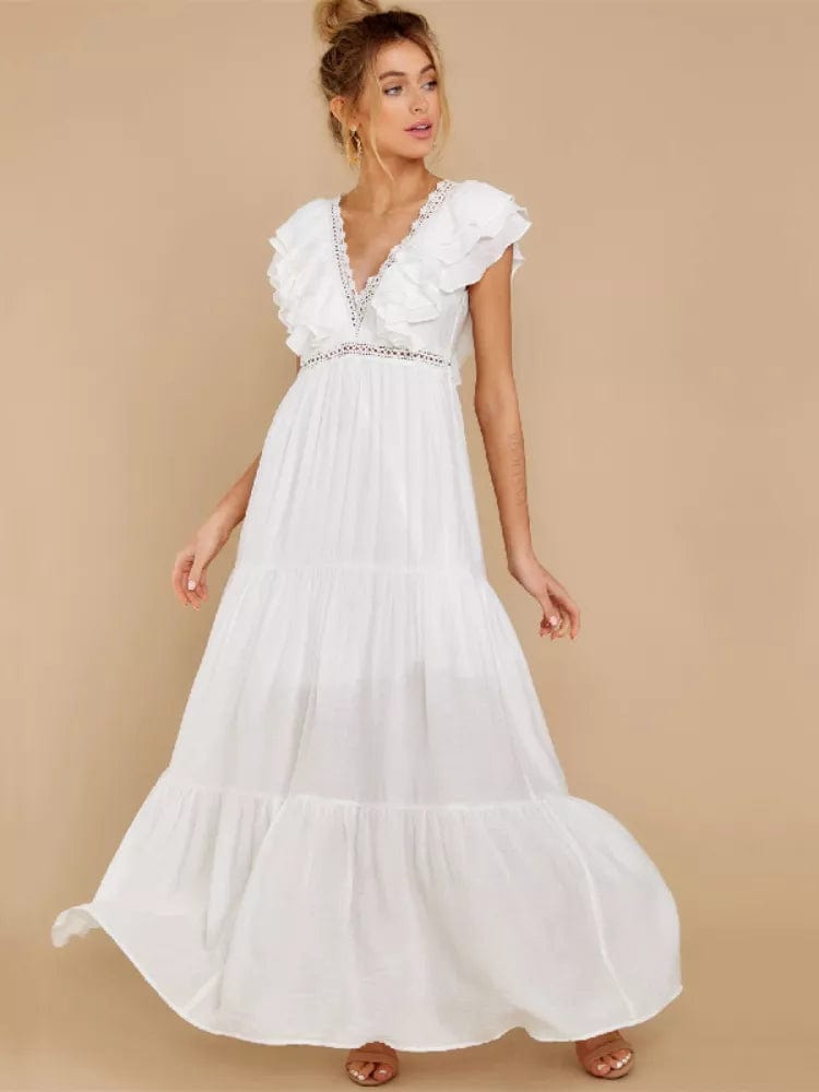 Sexy White Deep V-Neck Ruffle Maxi Dress