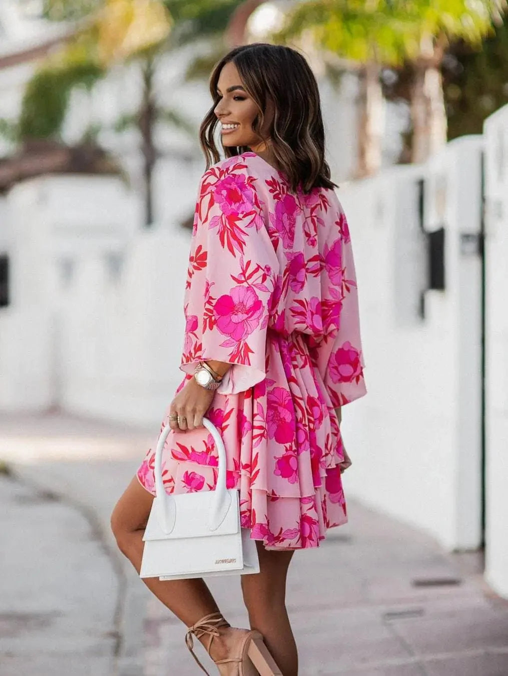 Pink Boho Floral Mini Dress