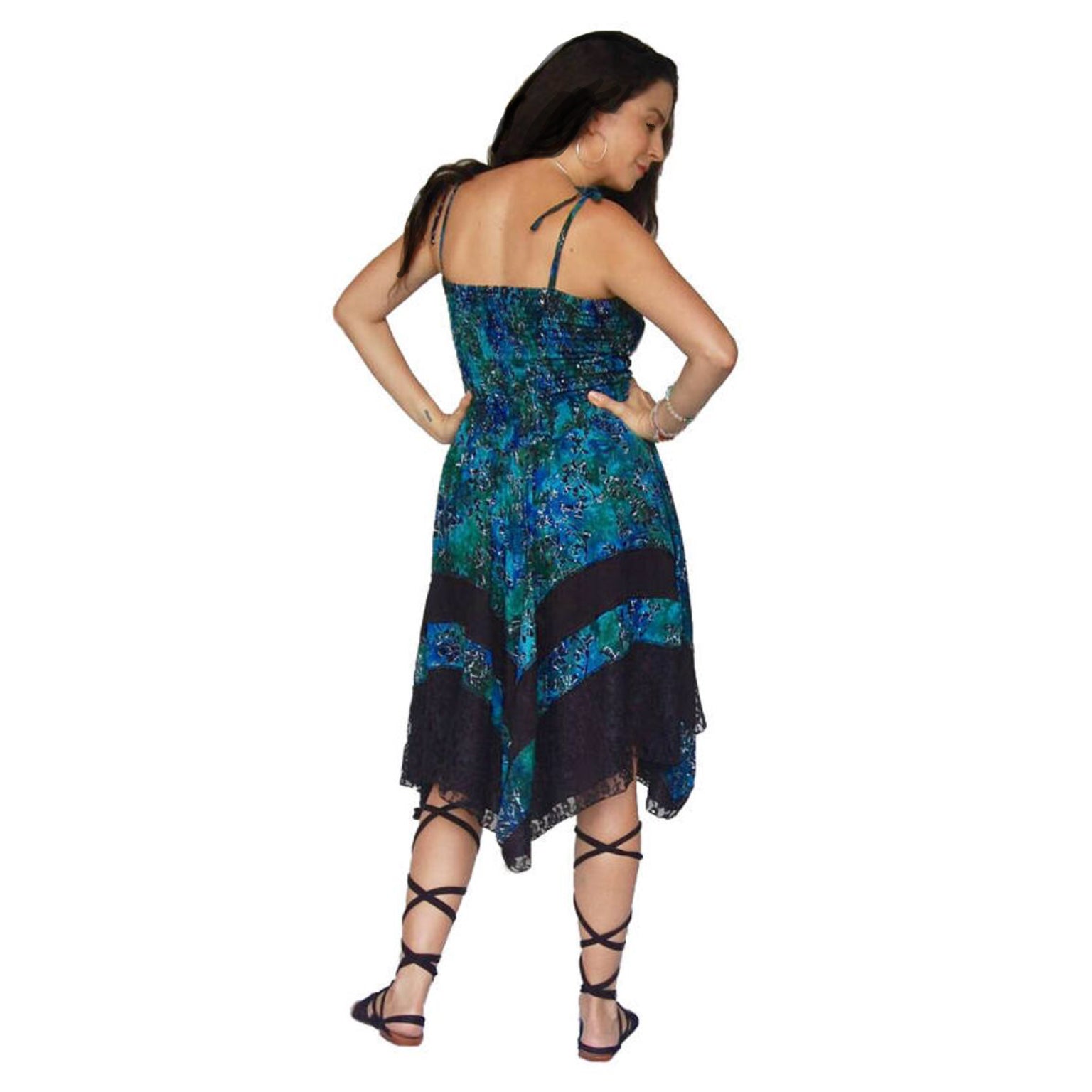 Marsha Boho Short Dress, Batik Combination Lace, Asymmetrical, Smocked, Adjustable Straps